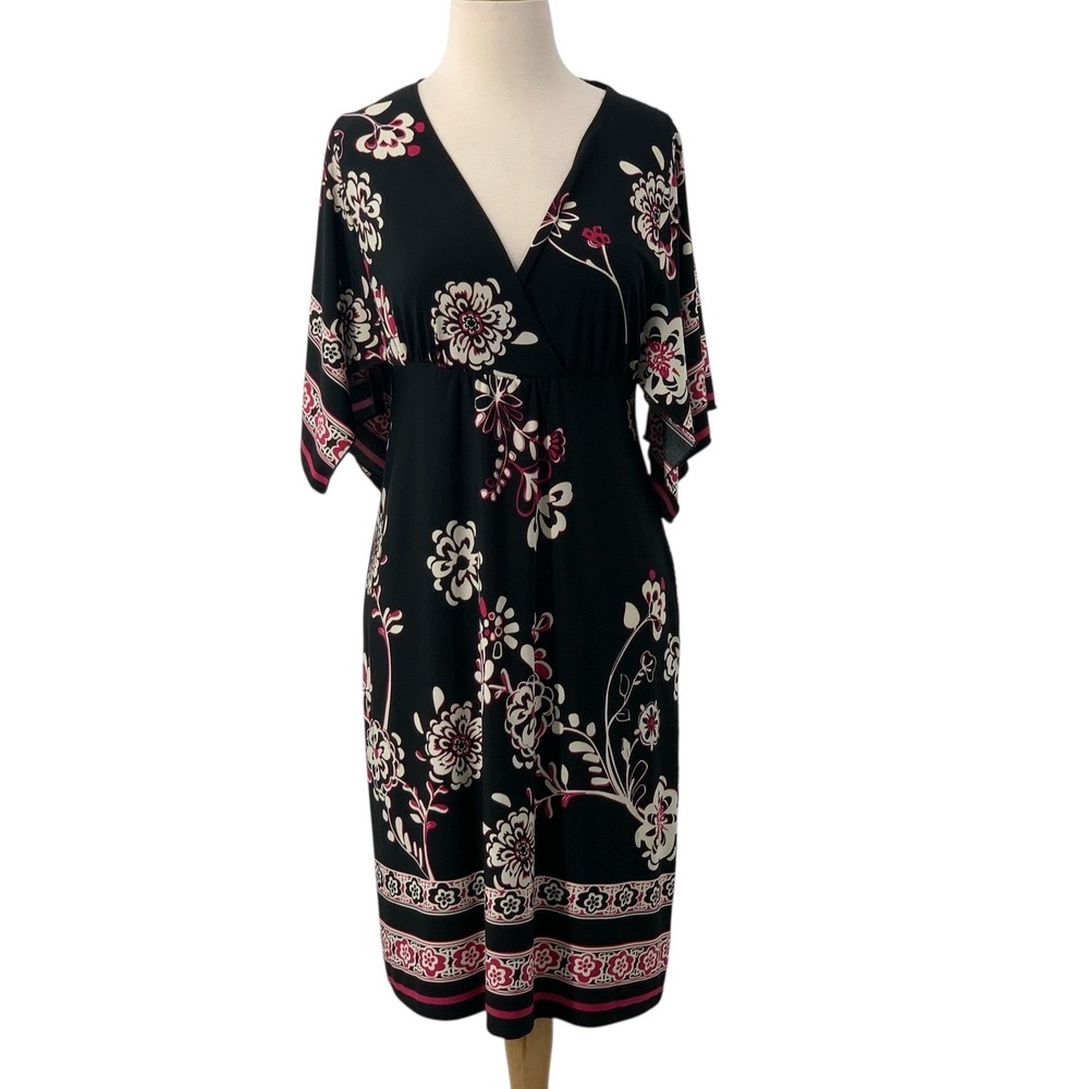 Chico's Kimono Sleeve V-Neck Empire Waist Dress Black/Fushsia Floral 0/Small‎
